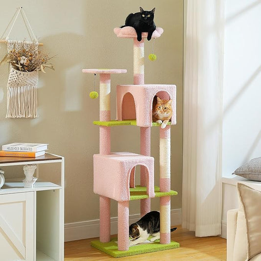 MUTTROS 62" Cat Tree for Indoor Cats, Multi-Level Cat Tower for Large Cats with Scratching Posts, 2 Spacious Plush Condos, Padded Perch, Soft Cat Bed, Scratching Pad & 2 Pompoms, Pink