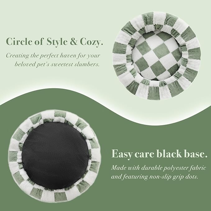 Checkered Cat Dog Bed, Cute Sage Green Retro Style Aesthetic Round Warming Pet Calming Beds for Small Dog and Cats, Plush Cozy Donut Beds Washable, 23" L x 23" W x 8" Th