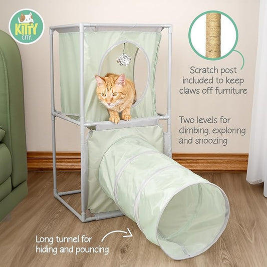 Kitty City Cozy Cube Retreat Cat Tower with Tunnel, Scratching Post & Hanging Toy, Dual-Level Indoor Cat Play Furniture for Climbing, Hiding & Lounging, Green
