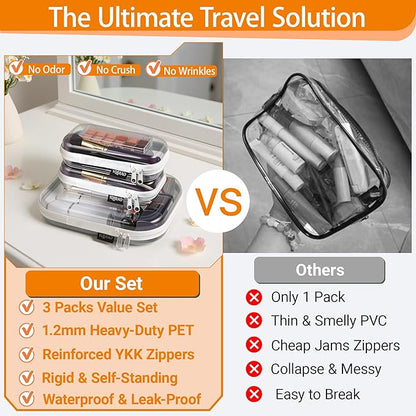 3 Pack Clear Hard Shell Zipper Case - Clear Waterproof Cosmetic Bag with Zipper, Kid's Toy Storage Organizer Bins, Charging Cables, creative journaling, painting brushes, Threads,Sketch Supplies