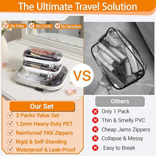 3 Pack Clear Hard Shell Zipper Case - Clear Waterproof Cosmetic Bag with Zipper, Kid's Toy Storage Organizer Bins, Charging Cables, creative journaling, painting brushes, Threads,Sketch Supplies