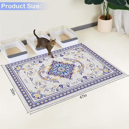 Glittme Cat Litter Mat with Non-Slip Bottom Litter Box Mat 47"X35" Litter Trapping Mat Easy to Clean Washable Cat Food Mat for Kitty,XXL