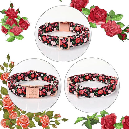 Floral Dog Collar - Rose Red Wild Flowers Pattern Cute Puppy Collar, Adjustable Winter Holiday Metal Buckle Dog Collars for Small Medium Large Dogs M