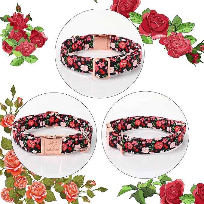 Floral Dog Collar - Rose Red Wild Flowers Pattern Cute Puppy Collar, Adjustable Winter Holiday Metal Buckle Dog Collars for Small Medium Large Dogs XS