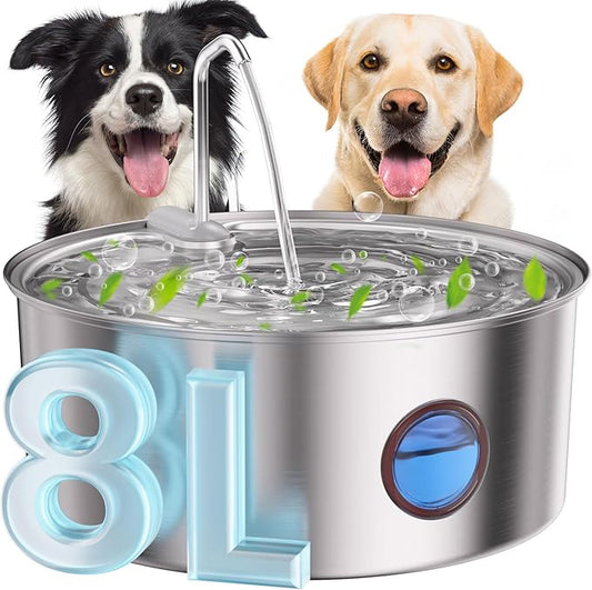 Stainless Steel Dog Water Fountain – 8L/270oz Automatic Waterer with Quiet Pump for Medium/Large Dogs, Cats & Multi-Pet Homes, Visible Water Window & Easy to Clean