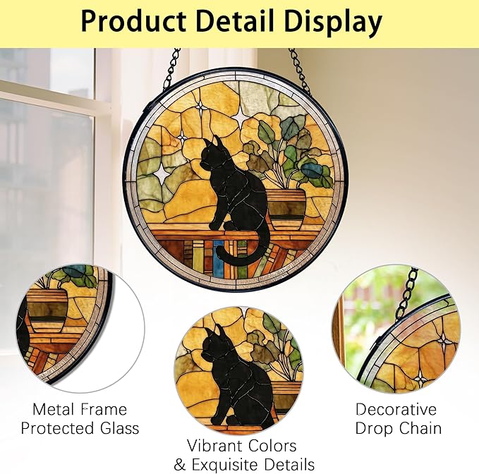 TNUW Black Cat Stained Glass Window Hanging, Black Cat Book Lovers Sun Catchers Indoor Window Glass Round Wall Art Decor, Book Lovers Gifts for Women Wall Hanging Decorations, 7.9＂x7.9＂