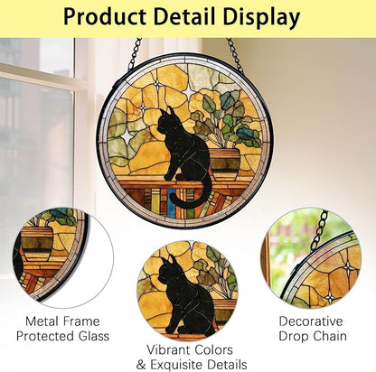 TNUW Black Cat Stained Glass Window Hanging, Black Cat Book Lovers Sun Catchers Indoor Window Glass Round Wall Art Decor, Book Lovers Gifts for Women Wall Hanging Decorations, 7.9＂x7.9＂