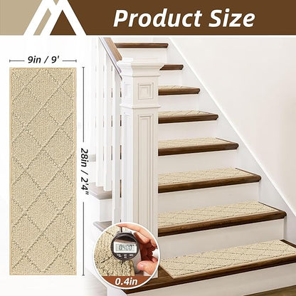 COSY HOMEER Stair Treads for Wooden Steps 9"x28",Washable Non Slip Peel and Stick Carpet Stair Treads with Reusable Residue Free Backing Soft Pet Friendly Stair Runner for Kids Elders,Warm Beige,7pcs