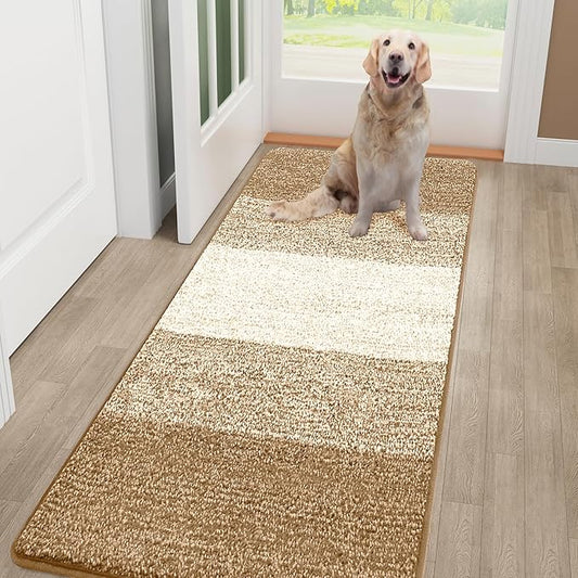Smiry Dog Door Mat for Muddy Paws, Absorbs Moisture and Dirt, Low-Profile Entryway Mat with Non-Slip Backing, Entry Indoor Outdoor Doormat for Inside Floor (48x32 Inches, Camel, Striped)