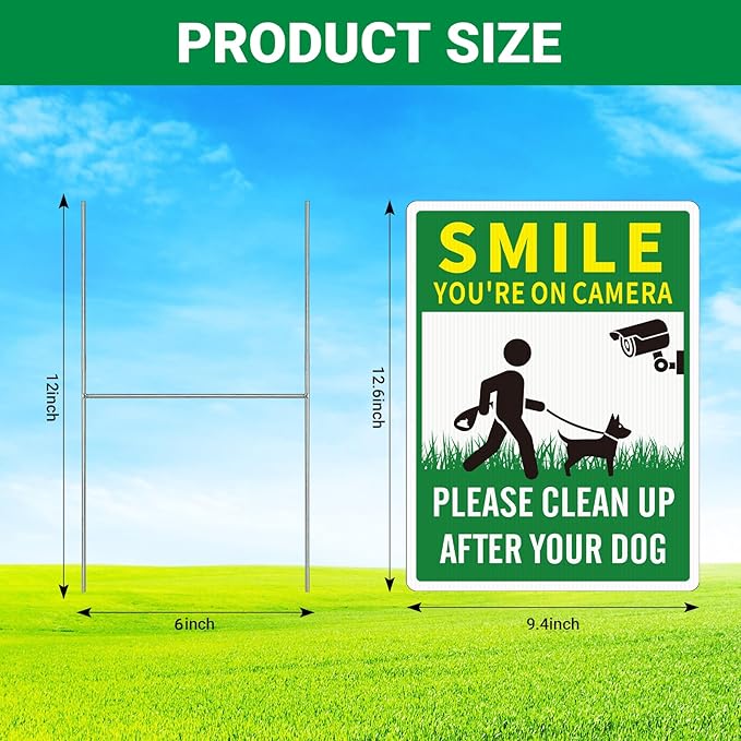 2 Pack Clean UP After Your Dog Signs, Funny Smile You're On Camera Yard Sign, 12.6X9.4 inches Corrugated Plastic Double Sided Sign with Metal H-Stake, No Pooping Dog Signs for Yard, Easy to Mount