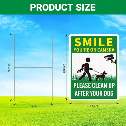 2 Pack Clean UP After Your Dog Signs, Funny Smile You're On Camera Yard Sign, 12.6X9.4 inches Corrugated Plastic Double Sided Sign with Metal H-Stake, No Pooping Dog Signs for Yard, Easy to Mount