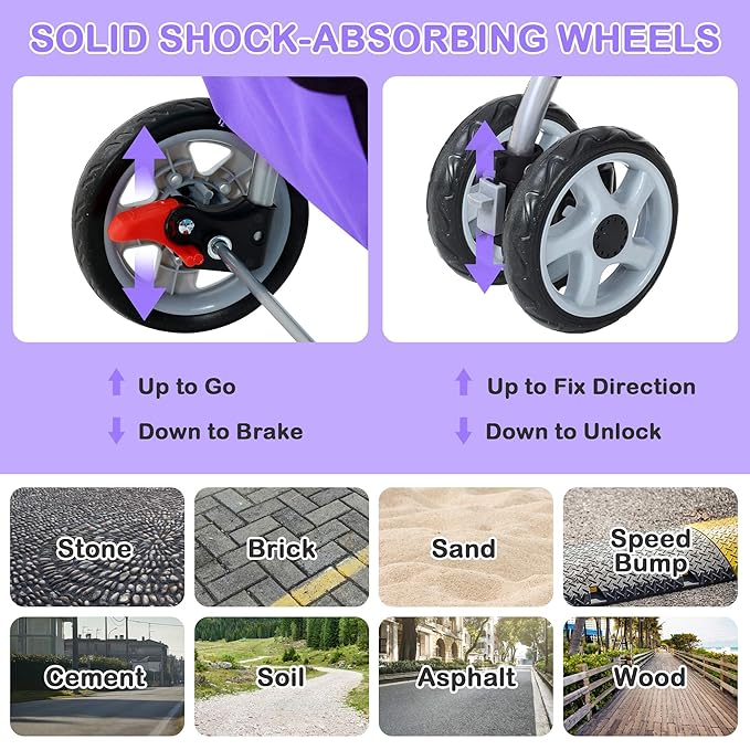 4 Wheels Dog Stroller, Foldable Pet Stroller for Small Medium Dogs, Portable Breathable Cat Stroller Dog Strollers with Storage Basket, Cup Holders, Removable Liner for Travel & Outdoor Use, Purple