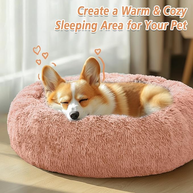 JOLLYVOGUE Calming Dog Bed for Small Dogs - 23 inches Donut Washable Small Dog Bed for Kittens & Puppies, Anti-Slip Round Fluffy Plush Faux Fur Cat Beds (Fits up to 25 lbs Pets, Peach Pink)