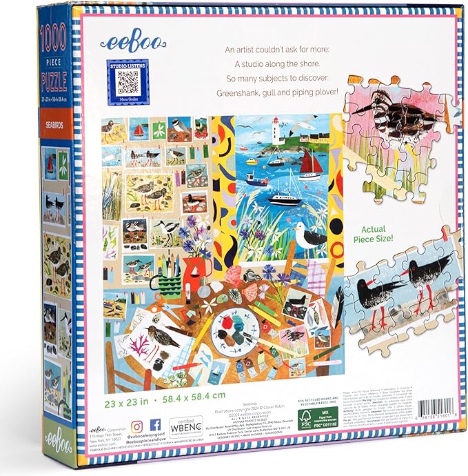 eeBoo 1000 Piece Puzzle - Seabirds Jigsaw Puzzle for Adults, Square 23" x 23" Made with Recycled Board & Vegetable-Based Ink