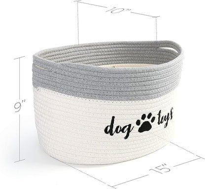 PrimePets Cotton Rope Dog Toy Basket, Small Basket with Handles, Woven Storage Bin for Dogs Pets, 15x10x9 inch Pet Basket Container Holder for Toys, White and Grey
