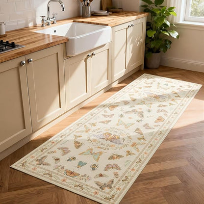 Unirea 2x6 Cream Runner Rug, Washable Non Slip Insect Botanical Rug for Hallway, Kitchen, Bathroom, Laundry Room, Entryway, Bedroom, Soft Boho Door Mat Indoor Entrance Bug Rugs, Low Pile Carpet