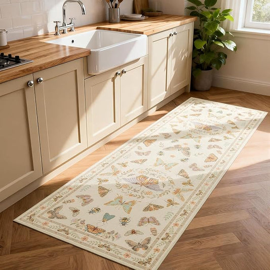 Unirea 2x6 Cream Runner Rug, Washable Non Slip Insect Botanical Rug for Hallway, Kitchen, Bathroom, Laundry Room, Entryway, Bedroom, Soft Boho Door Mat Indoor Entrance Bug Rugs, Low Pile Carpet