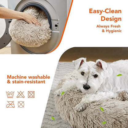 Deconovo Calming Donut Dog Bed, Washable Plush Round Pet Bed for Small Dogs & Cats with Raised Rim, Non-Slip Base and Soft Faux Fur—Lightweight, Easy-Care Design Camel 21" L x 21" W x 8" Th