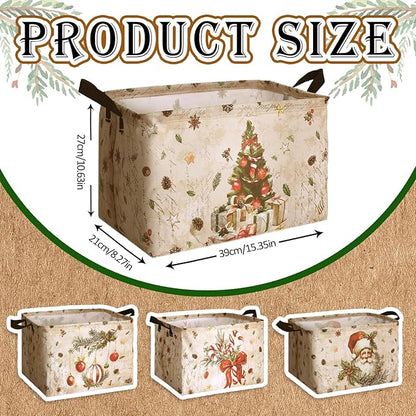 4 Pack Christmas Storage Bin Collapsible Large Christmas Storage Baskets for Gifts Xmas Tree Canvas Laundry Basket Foldable Box with Handle for Office Home Bedroom Clothes Toys Holiday Decor