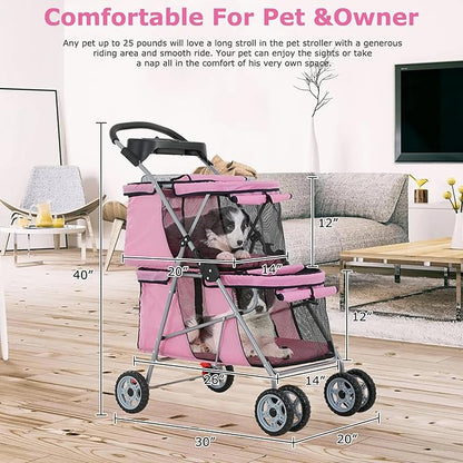 Double Layer Dog Stroller for 2 Small Dogs/Cats, 4 Wheels Pet Jogger With Removable Liner, Storage Basket, Rear Wheel Break - Folding Double Decker Portable Crate