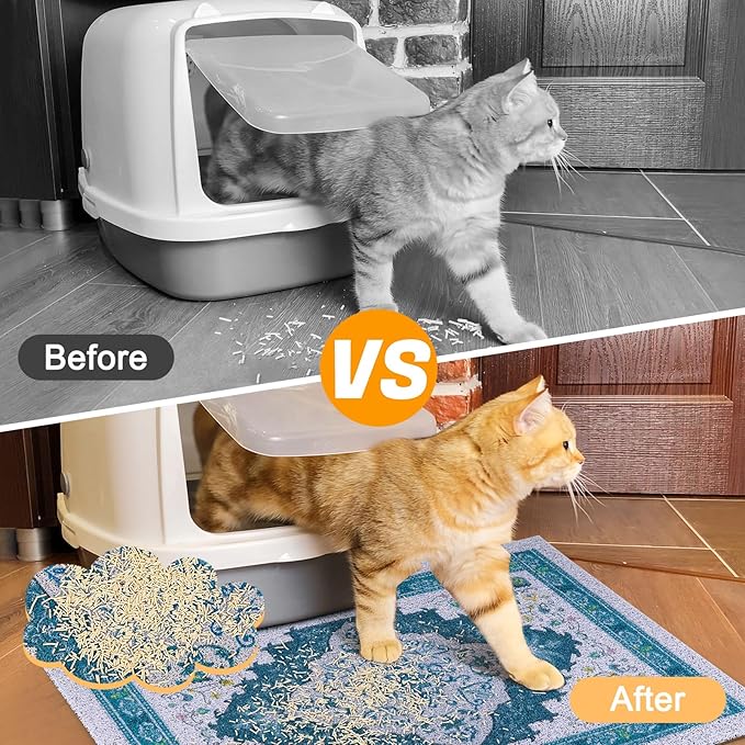 Glittme Cat Litter Mat with Non-Slip Bottom Litter Box Mat 33"X22" Litter Trapping Mat Easy to Clean Washable Cat Food Mat for Kitty,L