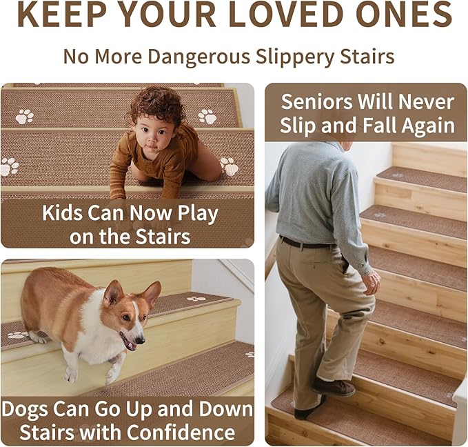 Stair Treads Non Slip Indoor 15PCS, Rubber Backing Stair Runner Rugs for Wooden Steps, Residue Free Stair Carpet Treads for Kids Elders and Pets, Machine Washable Stair Mats, Brown, 8" x 30"