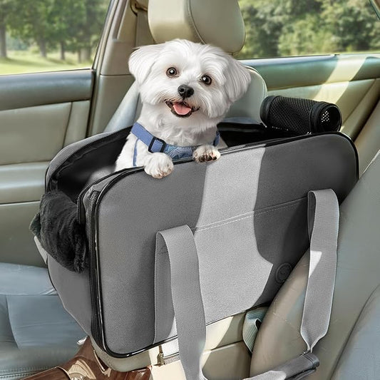 PETSFIT Multipurpose Center Console Dog Car Seat, Airline Approved Dog Car Carrier with Safety Tether and Pockets, Portable Cat Car Seat, Dog Car Seats for Small Dogs, Cats Up to 9 LBS (Deep Grey)