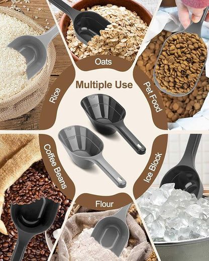 2PACK Dog-Cat Food-Scoop Measuring-Cup,1 Cup Capacity Versatile Plastic Pet Food Scoop with Measuring Lines 1 Cup and 1/2 Cup for Precise Portion Control (Black and Grey)