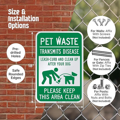 SmartSign "Pet Waste Transmits Disease - Clean Up After Your Dog" Sign | 12" x 18" 3M Engineer Grade Reflective Aluminum