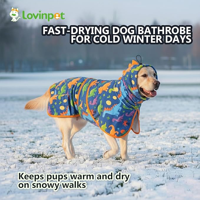 LovinPet 3‑in‑1 Dog Warm Winter Coat & Bathrobe, Hooded Dinosaur Fleece,Lightweight High‑Loft,Absorbent Knit, Quiet Hook‑and‑Loop, Wind‑Blocking Edges,Dog Robes for Medium & Large Dogs, Teal Blue,2XL