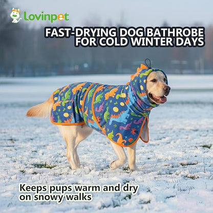 LovinPet 3‑in‑1 Dog Warm Winter Coat & Bathrobe, Hooded Dinosaur Fleece,Lightweight High‑Loft,Absorbent Knit, Quiet Hook‑and‑Loop, Wind‑Blocking Edges,Dog Robes for Medium & Large Dogs, Teal Blue,2XL