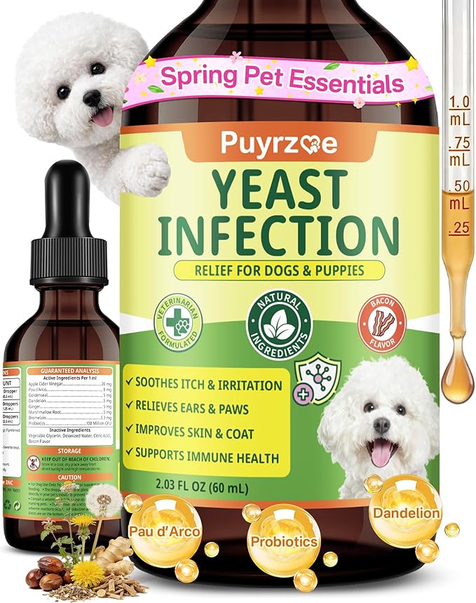 Puyrzoe Natural Yeast Infection Treatment for Dogs, Itchy Ears, Skin, Paws & Allergy Relief, Yeast Treatment for Dogs, Supports Gut & Immune Health, Reduces Itching, Irritation & Inflammation, 60ml