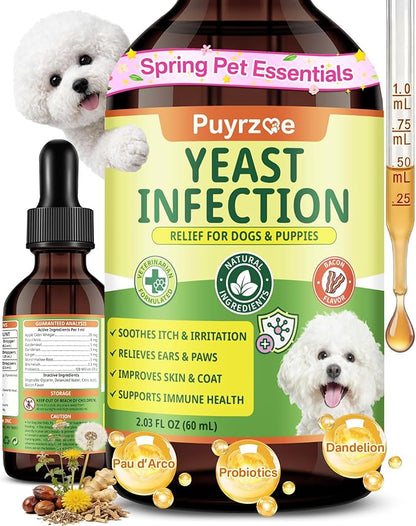 Puyrzoe Natural Yeast Infection Treatment for Dogs, Itchy Ears, Skin, Paws & Allergy Relief, Yeast Treatment for Dogs, Supports Gut & Immune Health, Reduces Itching, Irritation & Inflammation, 60ml