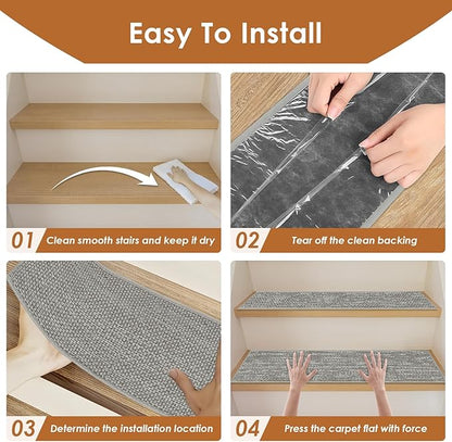 Arttown 15 Pcs 30" x 8" Linen Non-Slip Stair Tread Mats for Indoor Wooden Steps Step Mats with Reusable Adhesive Peel and Stick Carpet Stair Treads for Kids, Elderly and Pets, Grey
