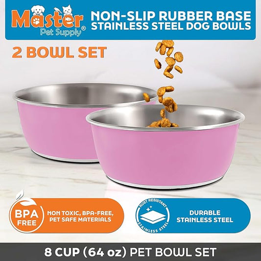Master Pet Supply Stainless Steel Dog Bowls Set of 2 (64 Oz Each) with Non-Slip Rubber Base - Hyper Pink - Basic Dog Food Bowl Water & Food Bowls for Small Medium Large Dogs & Cats, Metal Dish