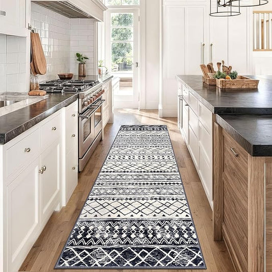 KUTA Moroccan Washable Runner Rug 2.6x8, Non-Slip Vintage Black Navy Blue Boho Hallway Runners Rugs Ultra Soft Print Distressed Geometric Floor Carpet for Bedroom Laundry Living Room