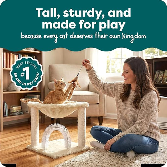 FurHaven 17.3" Tall Cat Scratching Post Tower for Indoor Cats, Sisal Cat Tree, Tiger Tough Hammock Interactive Playground, Toys & Perches for Cats, Sisal, Cream
