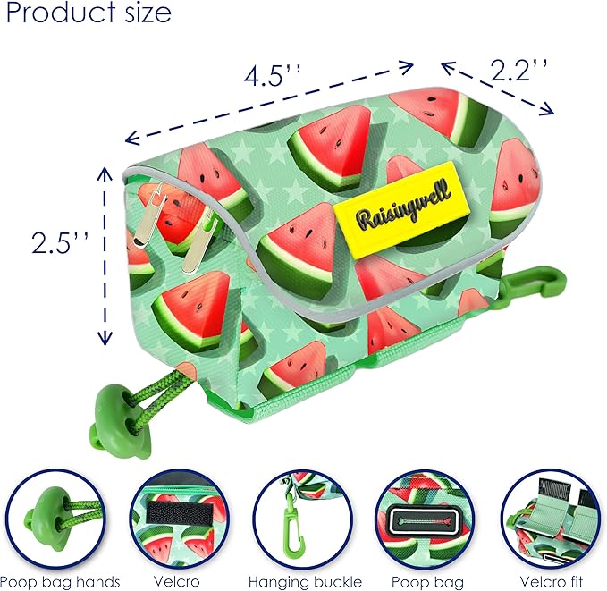 Dog Treat and Poop Bag Holder for Leash, 2 Waterproof Zipper Pouches for Pet Walking Accessories, with Dispenser, Training Clicker and 1 Free Roll (Watermelon)