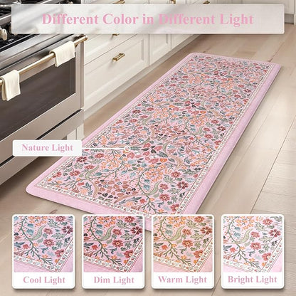 Collive Kitchen Mats for Floor, Cushioned Anti Fatigue Mat Pink Floral Rugs 2 Piece Non Skid Waterproof Sink Rug, Memory Foam Comfort Standing Mat for Office, Laundry, Desk