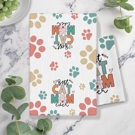 Best Cat Mom Ever Kitchen Towels, Cat Mom Lady Lover Gifts for Women, Cute Kitty Kitten Paw Decorative Dish Tea Hand Towels for Kitchen Bathroom, 16x24 Inches(Style C)