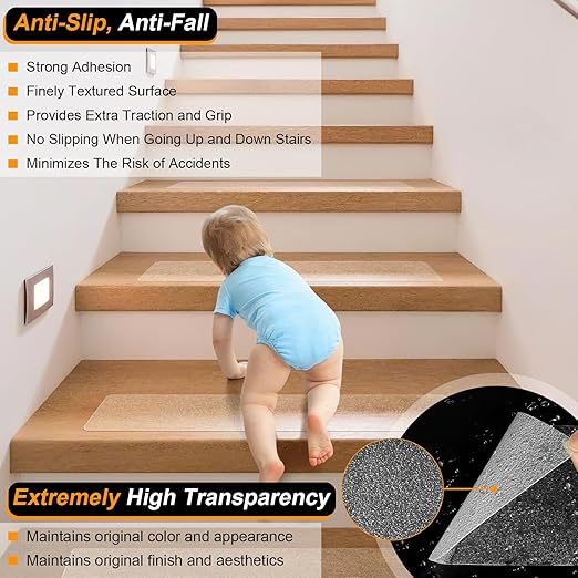 Clear Non-Slip Treads for Wooden Steps Indoor 15 Pack 4" x 24" Pre-Cut Anti-Slip Strips, Transparent Grip Tape for Wood Stairs, Waterproof Step Grips for Dogs, Kids and Pets