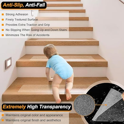 Clear Non-Slip Treads for Wooden Steps Indoor 15 Pack 4" x 24" Pre-Cut Anti-Slip Strips, Transparent Grip Tape for Wood Stairs, Waterproof Step Grips for Dogs, Kids and Pets