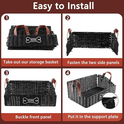 Pet Dog Toy Basket with handle,Trapezoid Puppy Toy Bin,collapsible Poly Wicker Storage Basket,Dog Storage Organizer for Leash Blanket Collar-Natural Farmhouse-Easy Access