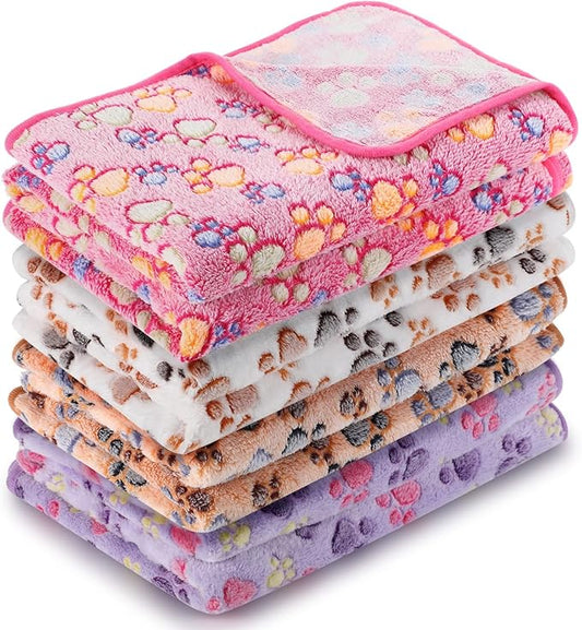 Tatuo 4 Pcs Dog Blanket for Pet Cat Blankets Indoor Puppy Teething Stuff Toys Paw Print Fleece Soft Blanket Sleep Mat for Guinea Pig Cage(White, Coffee, Pink, Purple,XX-Large(40 x 63 Inch),Square)