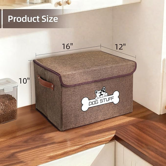 Fabric Dog Toy Box with Lid, Collapsible Storage Bin, Basket Organizer with Handle for Dog Toys, Blankets and Accessories, Coffee
