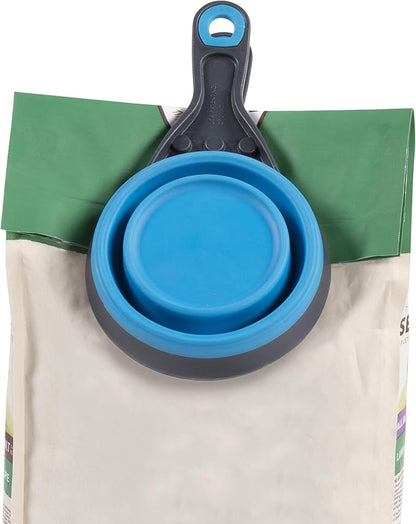 Dexas Pets Collapsible KlipScoop Collapsible Dry Dog Food Scoop and Dog Food Bag Clip, 2 Cup Capacity, Pro Blue