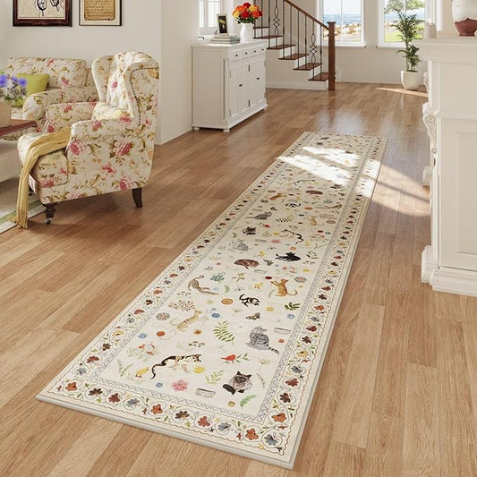 Rugcomf 2'7"x12' Kitchen Runner - Floral Cat Washable Long Hallway Runner Rug Non Slip, Boho Carpet for Entryway, Hall, Bathroom - Beige