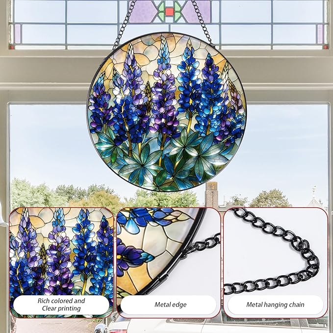 Stained Glass Window Hanging, 7.8″ Blue Flower Sun Catchers with Hook Indoor Window Decor, Decorative Suncatchers Hanging Ornaments Home Garden Art Gift for Housewarming