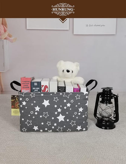 HUNRUNG Rectangle Storage Basket Cute Canvas Organizer Bin for Pet/Children Toys, Books, Clothes Perfect for Rooms/Playroom(REC-Grey star)