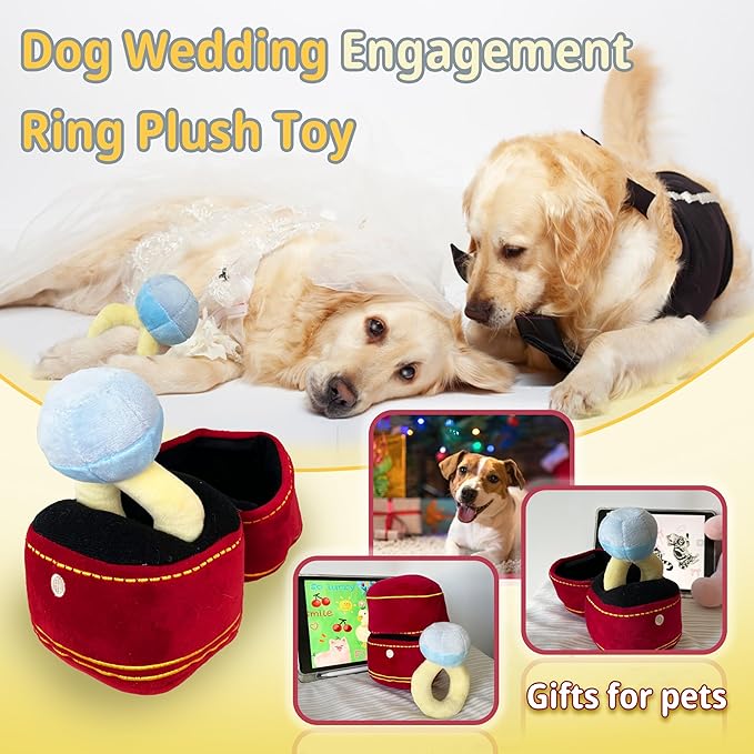 Valentines Dog Wedding Toy Engagement Plush Ring Box for Dog Birthday Gifts, Funny Plush Toys Squeaky Chew for Party Supplies